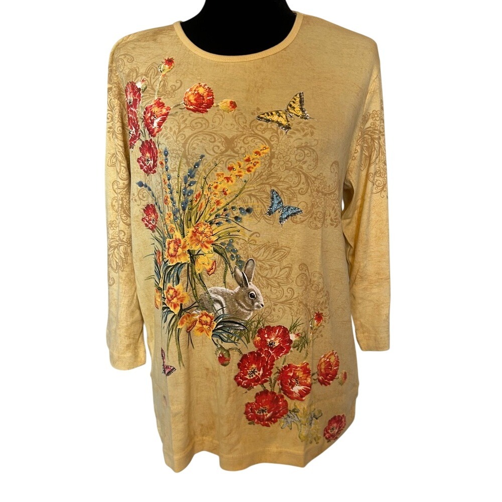 NWT Endless Designs Floral,Bunny Rabbit,Butterfly Print Yellow Shirt Size Medium